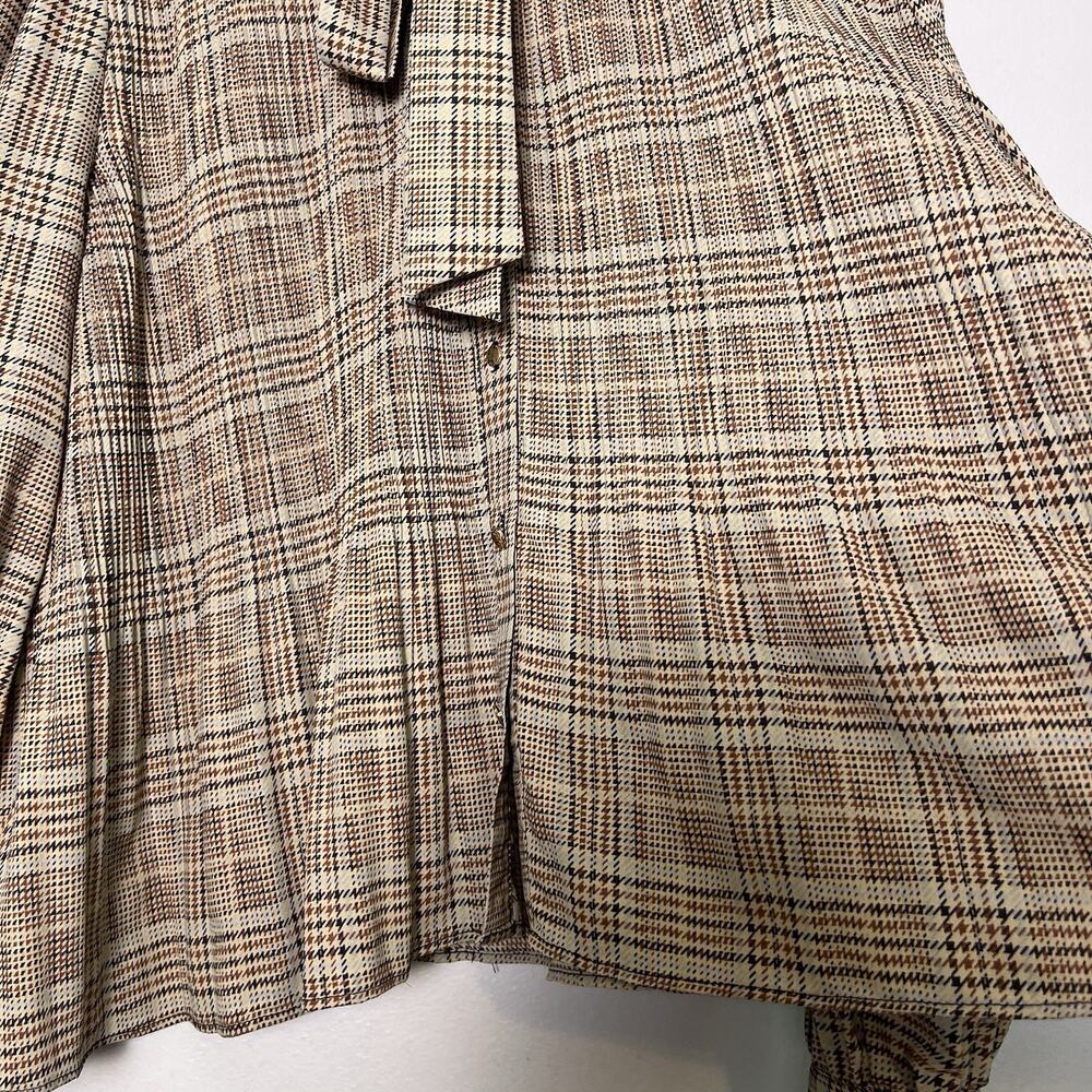 Zara Women's plaid pleated blouse high collar tie bow Blouse Sz M Babydoll - Picture 8 of 14
